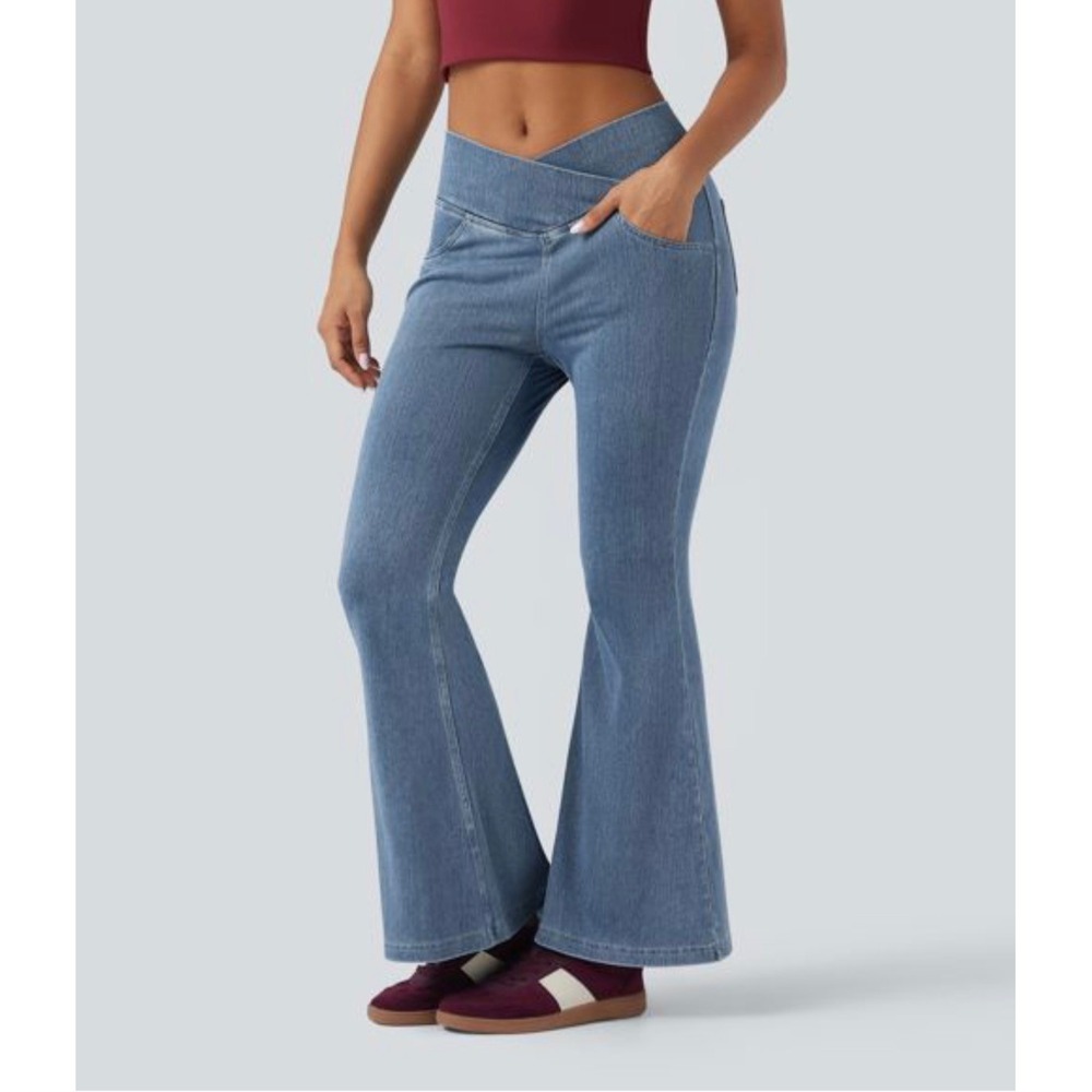 Halara Flex High Waisted Crossover Flare Jeans Blue M Petite Boho Stretch Comfy